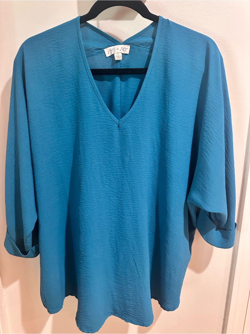 She + Sky Teal V-Neck Blouse